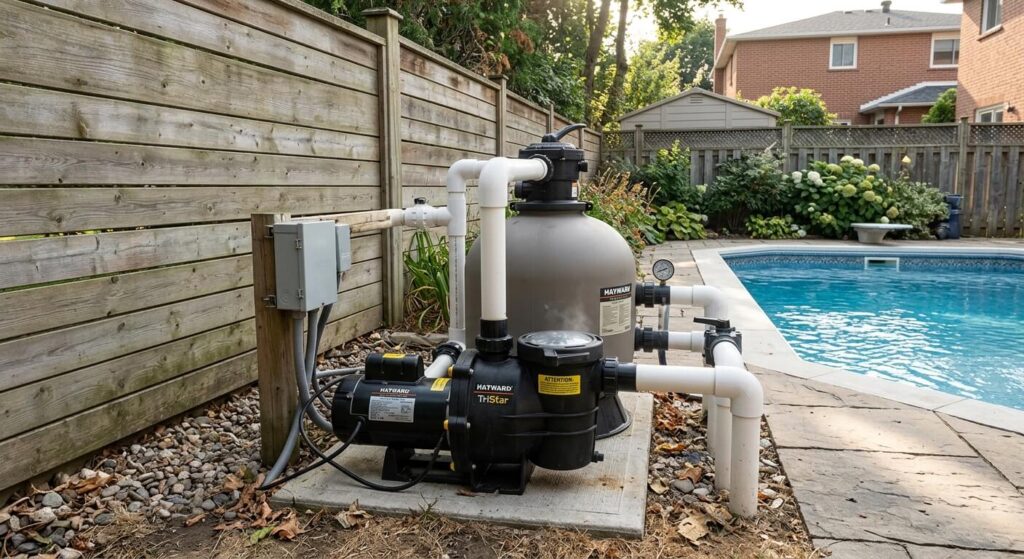 Gros bloc moteur de filtration de piscine fonctionnant à l'air libre près d'une clôture mitoyenne