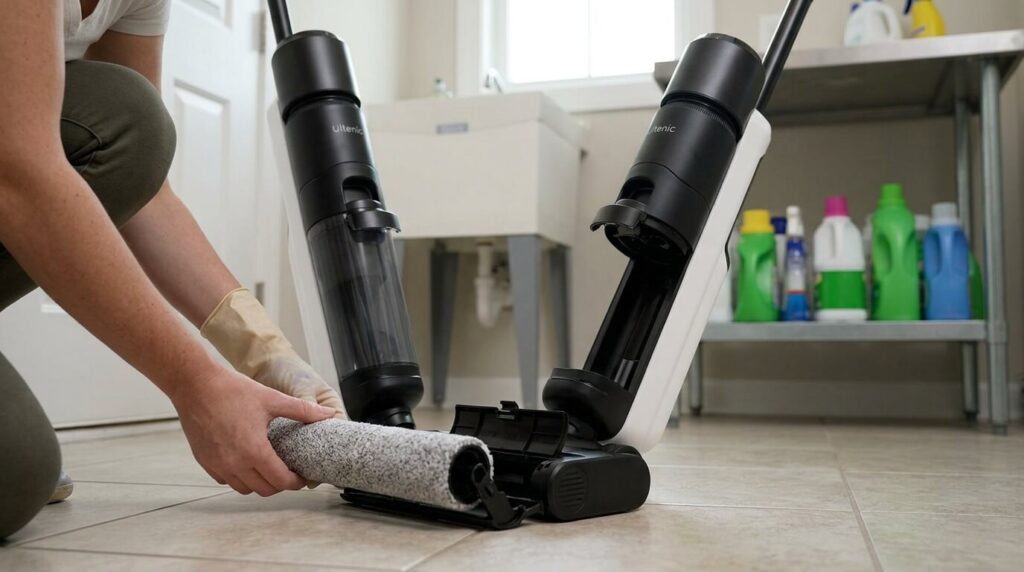 Utilisateur retirant le rouleau brosse d'un aspirateur laveur Ultenic AC1 Elite pour le nettoyer