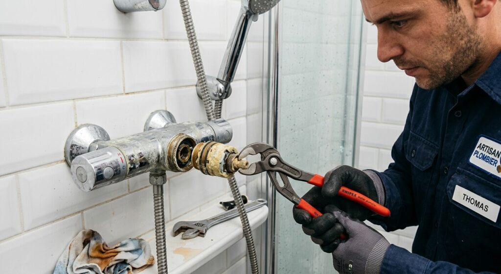 Démontage d'une cartouche thermostatique entartrée sur un mitigeur de douche