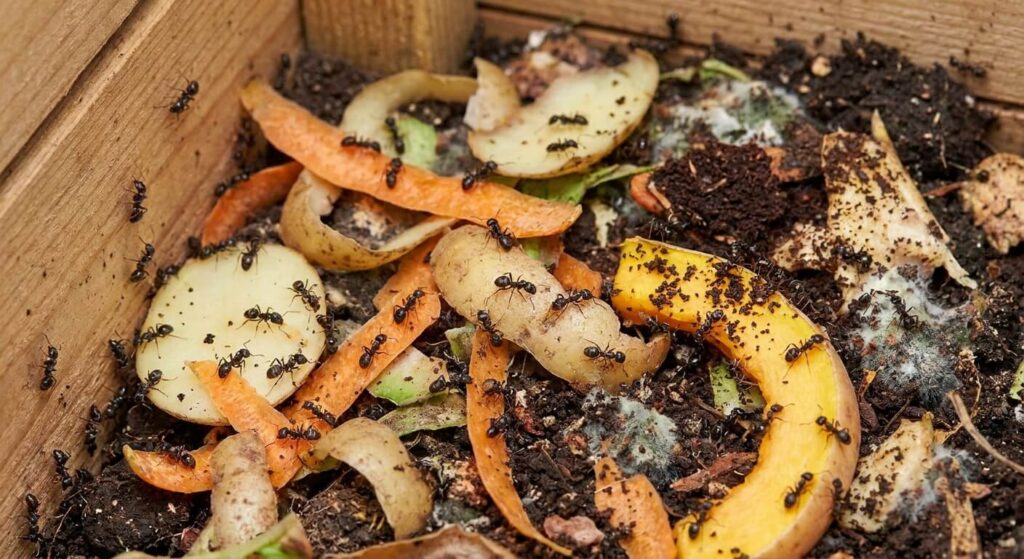 Colonie de fourmis noires s'activant sur des épluchures de légumes dans un bac à compost