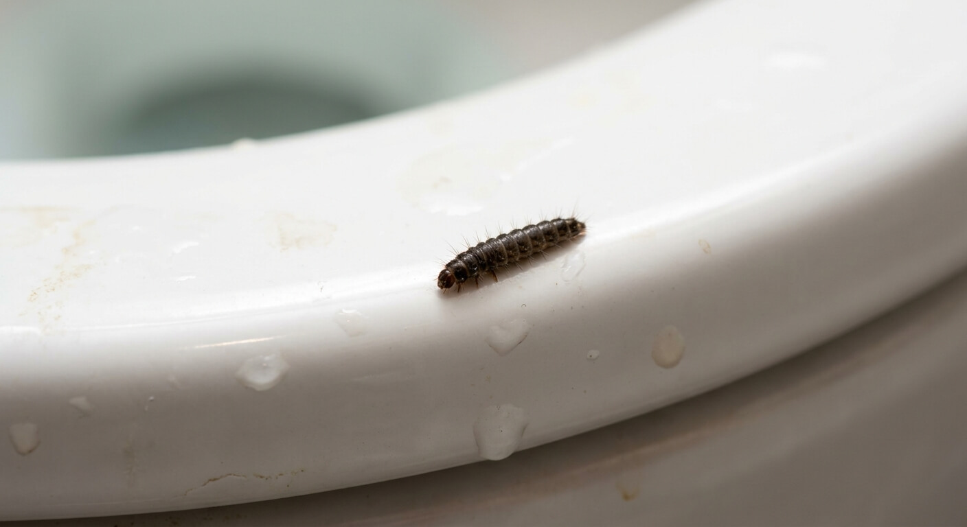 Gros plan sur une larve sombre se déplaçant sur l'émail d'une cuvette de sanitaires
