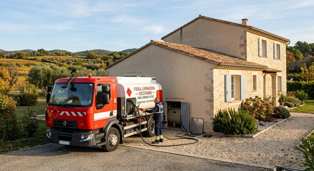 Un camion de livraison de fioul domestique en opération devant une maison individuelle en région Occitanie.