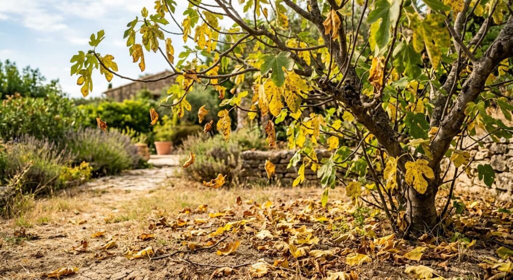 Feuilles de figuier jaunissantes et tombantes sur un arbre en plein mois de juillet.