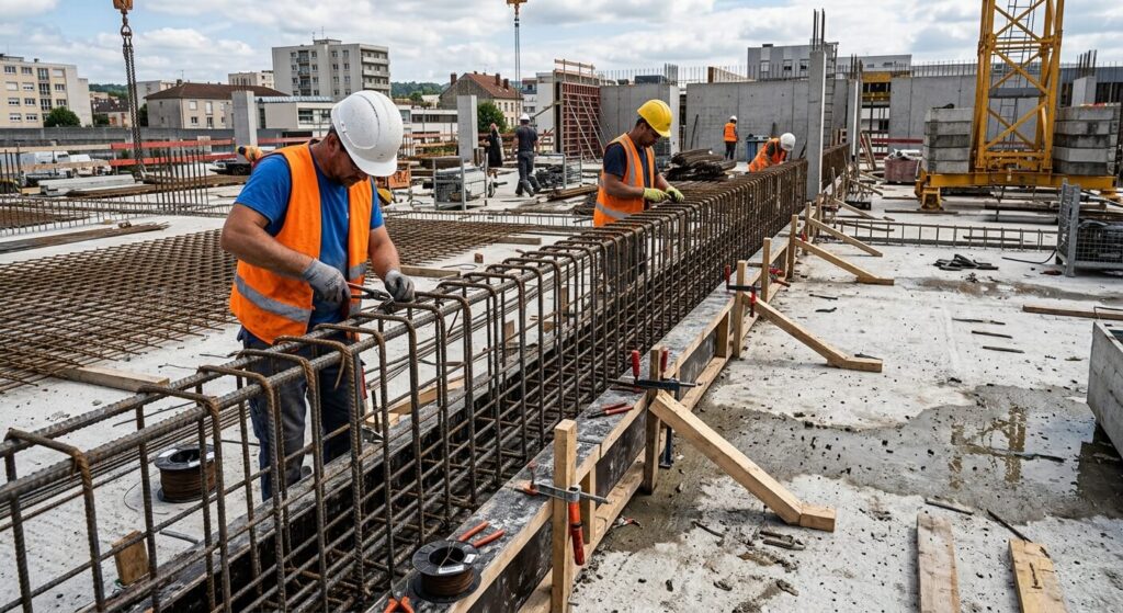 Chantier montrant le ferraillage d'une poutre retroussée au-dessus d'une dalle béton.
