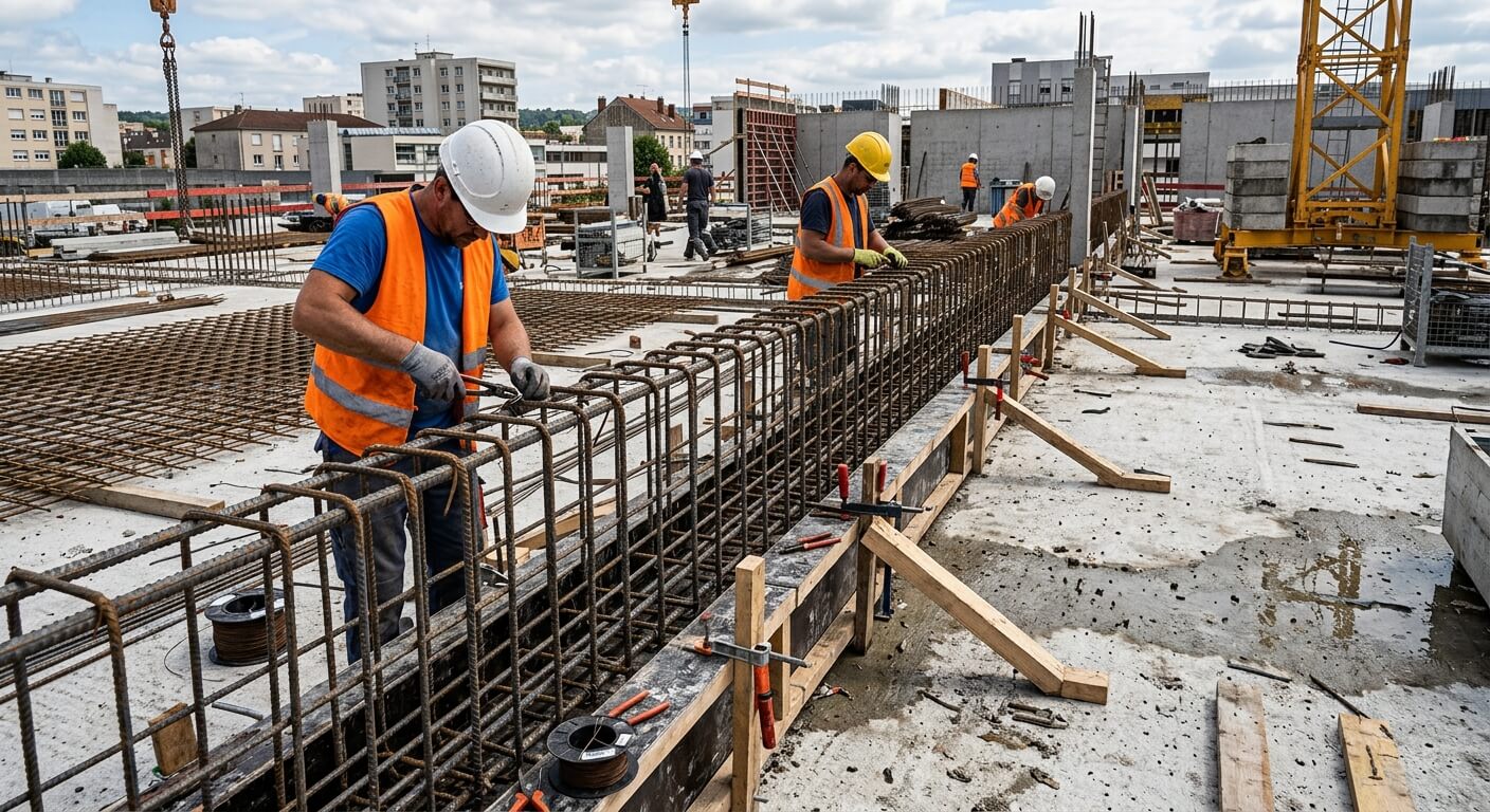 Chantier montrant le ferraillage d'une poutre retroussée au-dessus d'une dalle béton.