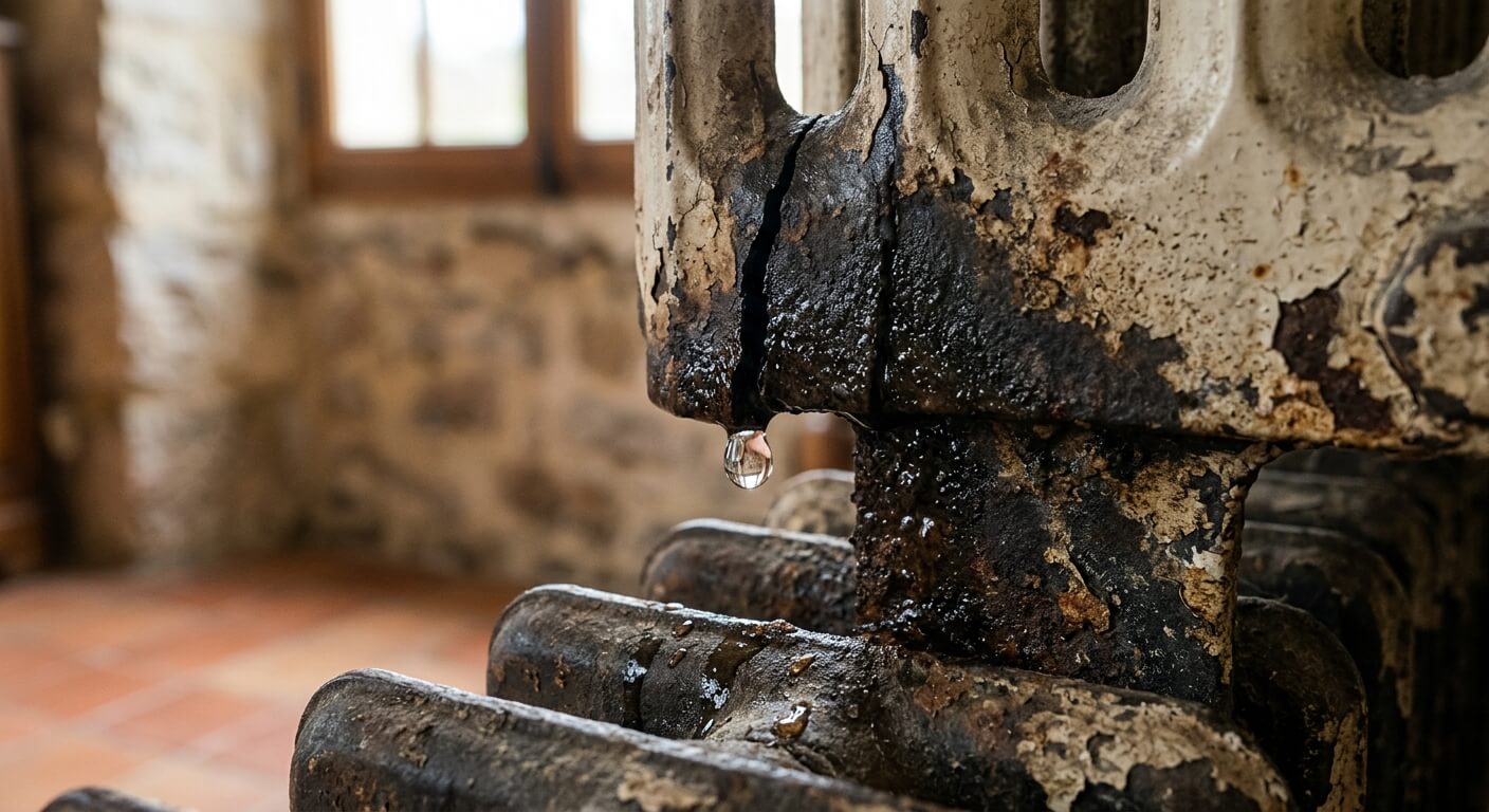 Goutte d'eau s'échappant d'une fissure sur un radiateur en fonte ancienne.