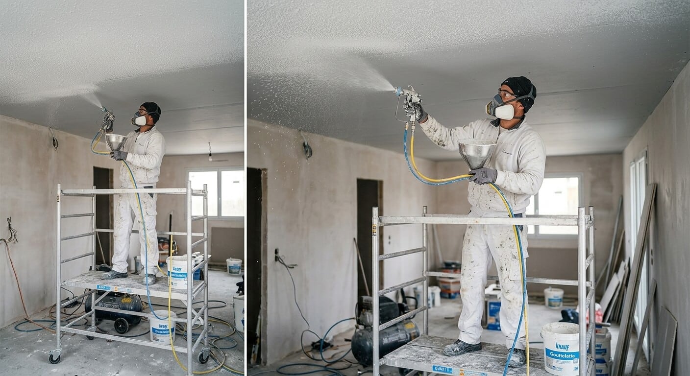 Artisan utilisant un pistolet pneumatique pour projeter de la gouttelette sur un plafond neuf.