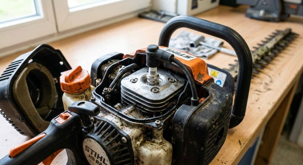 Vue du moteur 2 temps d'un taille-haie thermique avec accès à la bougie.