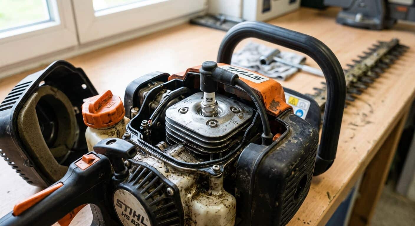 Vue du moteur 2 temps d'un taille-haie thermique avec accès à la bougie.