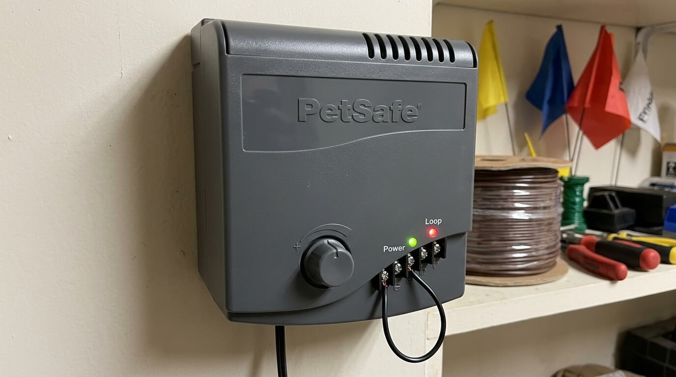 Boîtier émetteur de clôture PetSafe avec les voyants de boucle et d'alimentation.