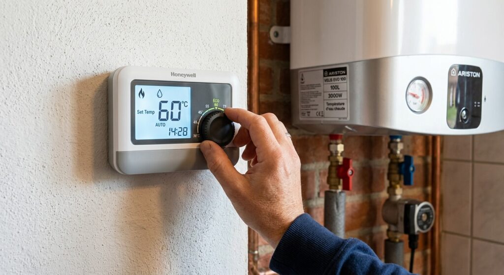 Réglage de la température sur le thermostat d'un chauffe-eau électrique.