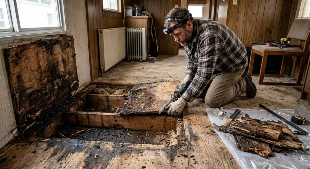Comment réparer durablement un plancher de mobil home pourri ? 2 Zone de plancher de mobil home gondolée et moisie à cause d'une fuite.