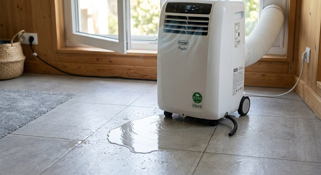Flaque d'eau se formant sous un climatiseur mobile en marche.