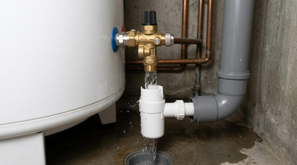Que faire face à une fuite du groupe de sécurité ? 2 Eau s'écoulant par le siphon d'un groupe de sécurité de chauffe-eau.