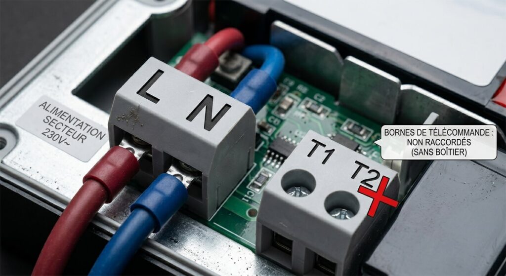 Comment faire le branchement d'un bloc de secours sans télécommande ? 2 Gros plan sur les bornes L, N et les bornes de télécommande d'un bloc de secours.