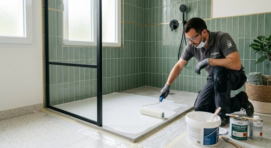 Application d'une résine époxy blanche au rouleau laqueur sur un receveur de douche jauni.