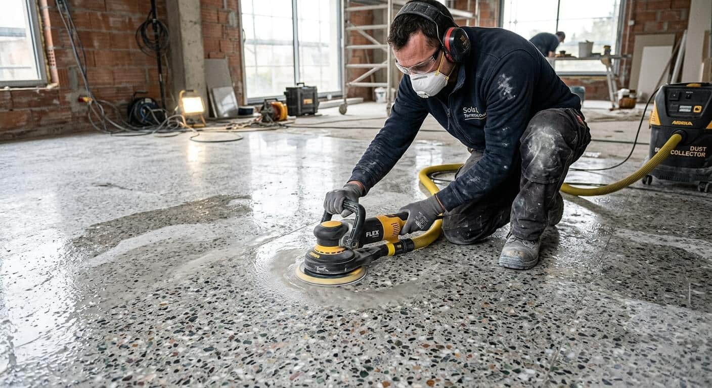 Utilisation d'une ponceuse orbitale avec disque diamant sur un sol en granito.