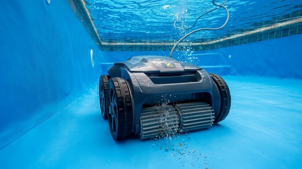 Avis piscines et équipements Zodiac : ce que pensent vraiment les clients 2 Robot nettoyeur électrique de marque Zodiac en action sur le liner bleu d'une piscine.