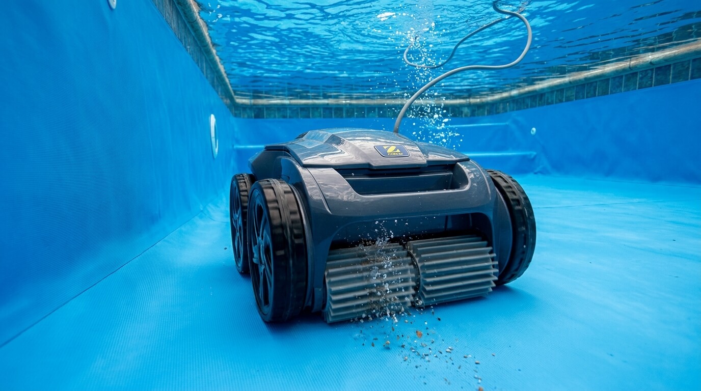 Robot nettoyeur électrique de marque Zodiac en action sur le liner bleu d'une piscine.