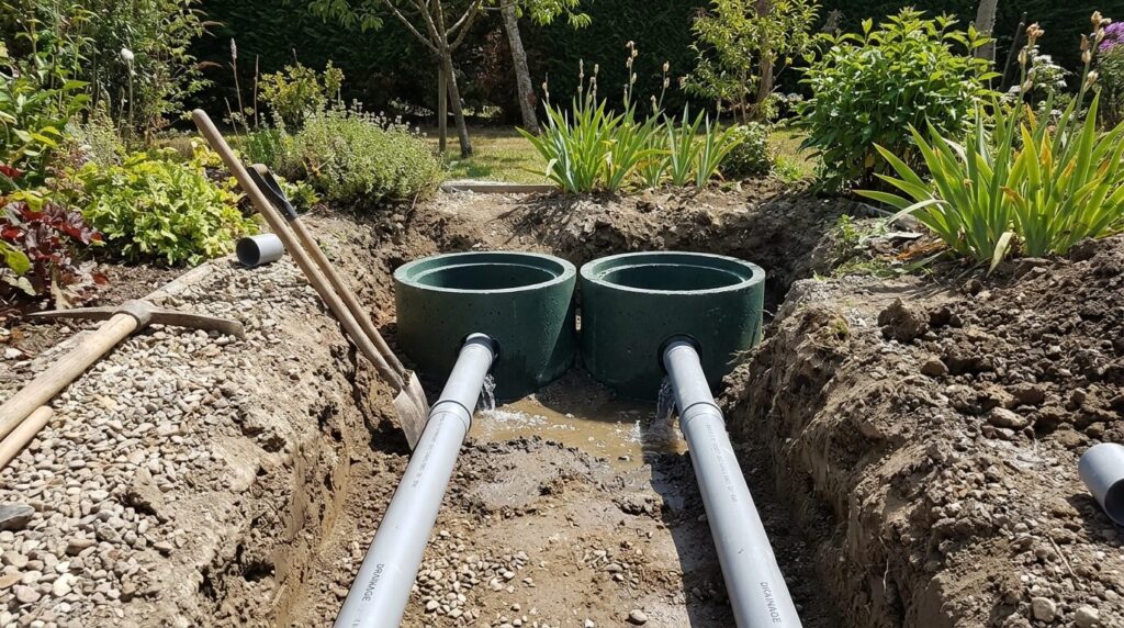 Deux canalisations distinctes en PVC s'écoulant vers des regards séparés dans une tranchée de jardin.