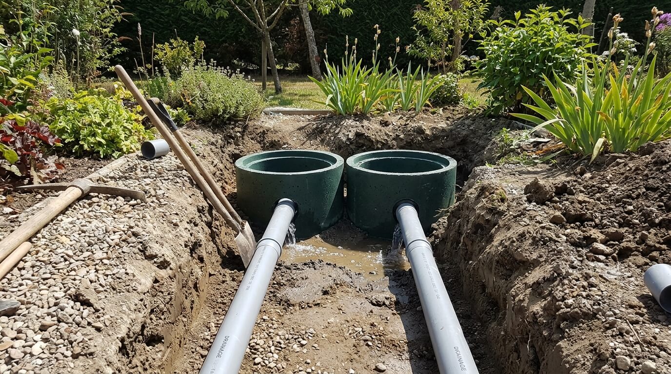 Deux canalisations distinctes en PVC s'écoulant vers des regards séparés dans une tranchée de jardin.