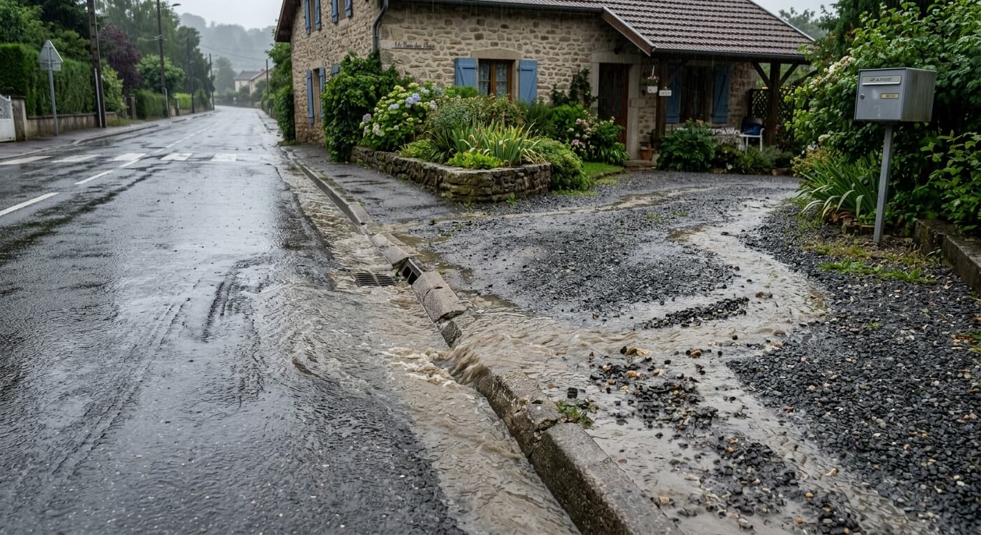 Eau de pluie s'écoulant depuis la chaussée publique vers l'allée en graviers d'une maison privée.