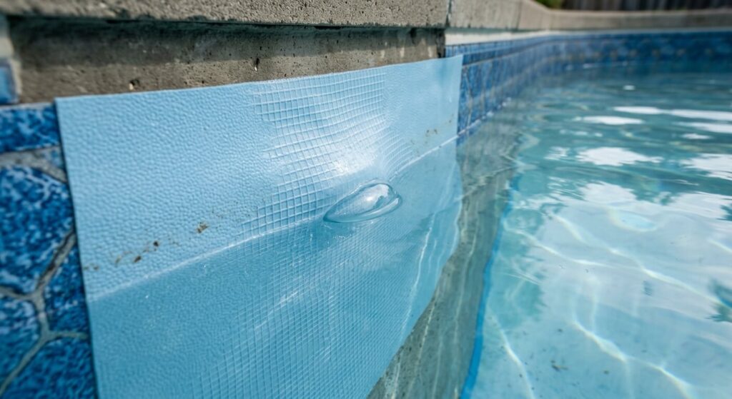 petite poche d'eau visible sous la membrane en PVC armé d'une piscine.
