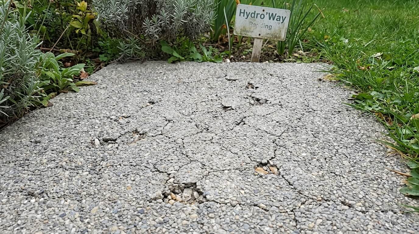 Allée de jardin en béton drainant Hydro'Way présentant des éclats et des micro-fissures de surface.