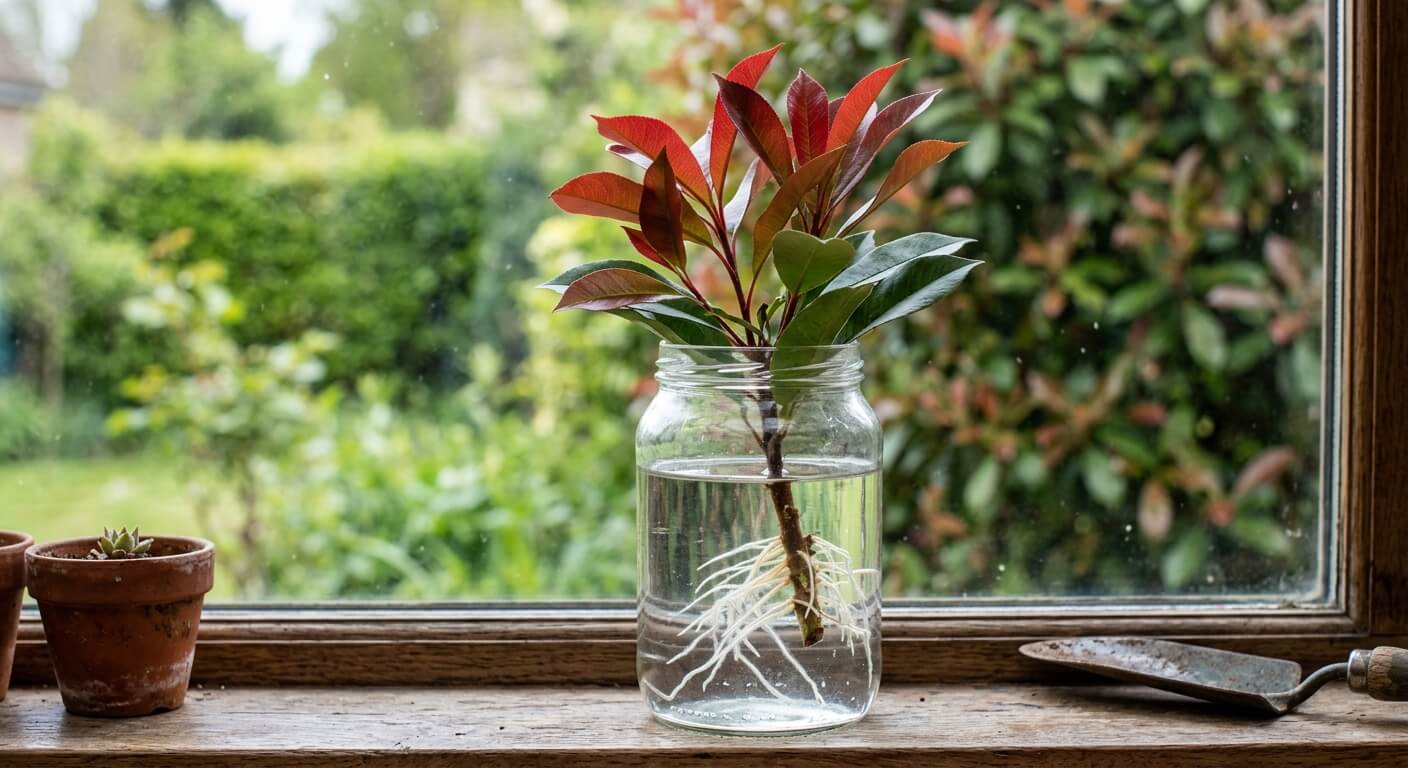 Rameau de Photinia Red Robin développant des racines blanches dans un bocal d'eau transparent.