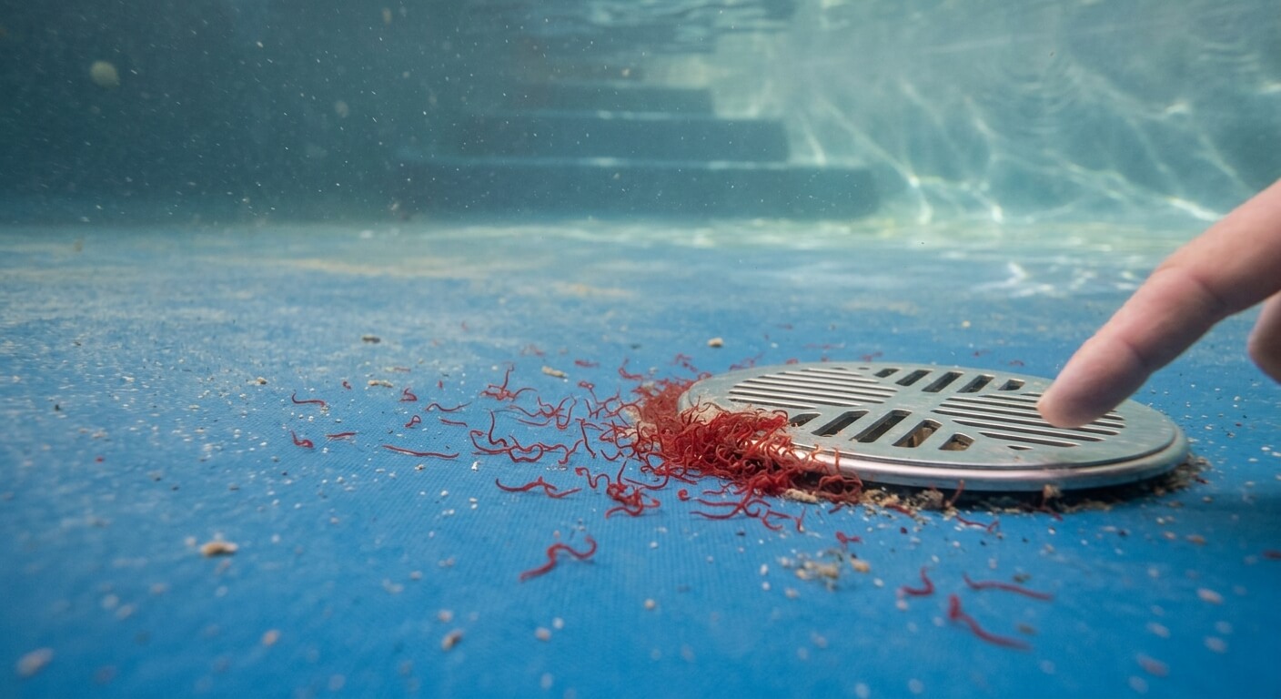 Petites larves rouges filiformes s'agitant au fond d'un bassin de piscine près de la bonde de fond.