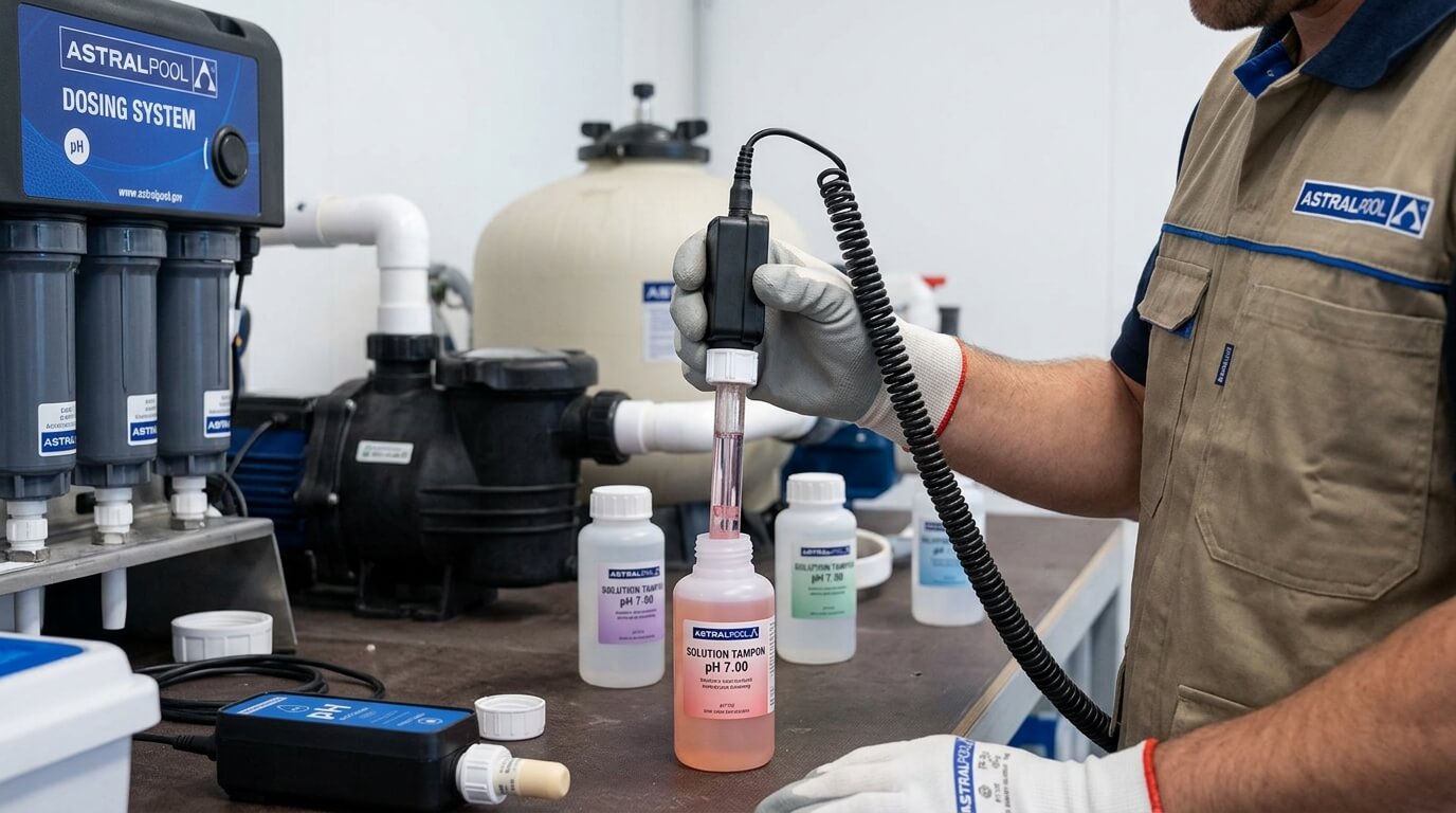 Technicien plongeant l'extrémité en verre d'une sonde pH AstralPool dans un flacon de solution tampon.