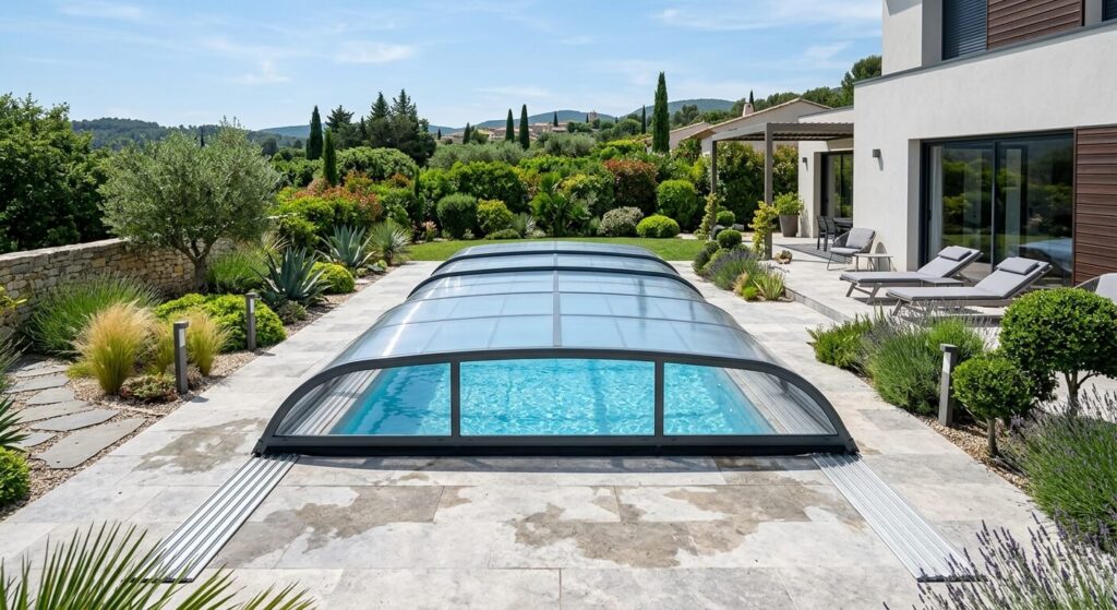 Un abri de piscine bas et télescopique installé sur un bassin de 8x4 mètres, s'intégrant parfaitement dans un jardin moderne.