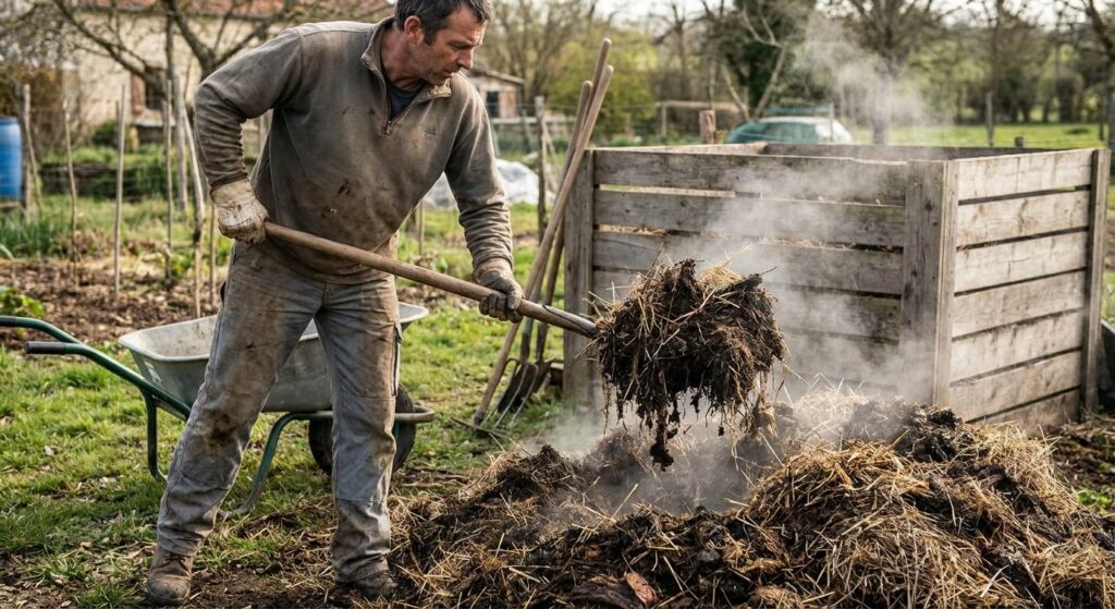 Jardinier utilisant une fourche pour aérer et mélanger la matière organique d'un tas de compost