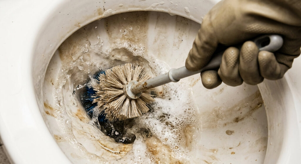Nettoyage vigoureux du fond d'un siphon à l'aide d'une brosse adaptée