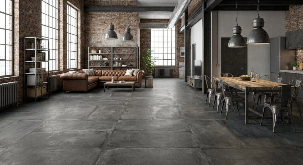 Aménagement type loft avec un carrelage effet béton industriel gris anthracite aux nuances marquées.