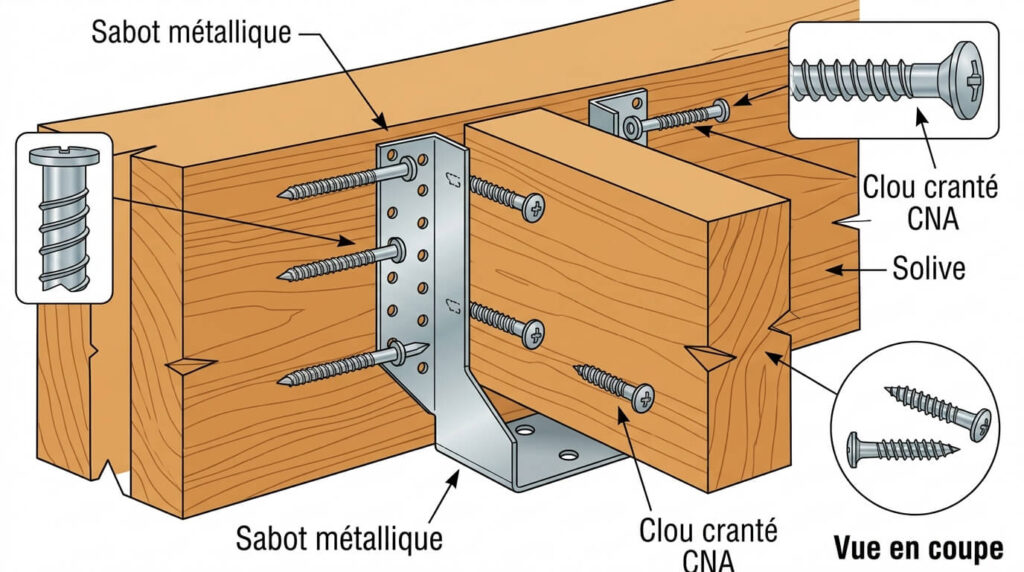 Vue en coupe d'un sabot métallique fixé par clous crantés CNA et vis CSA sur poutre porteuse