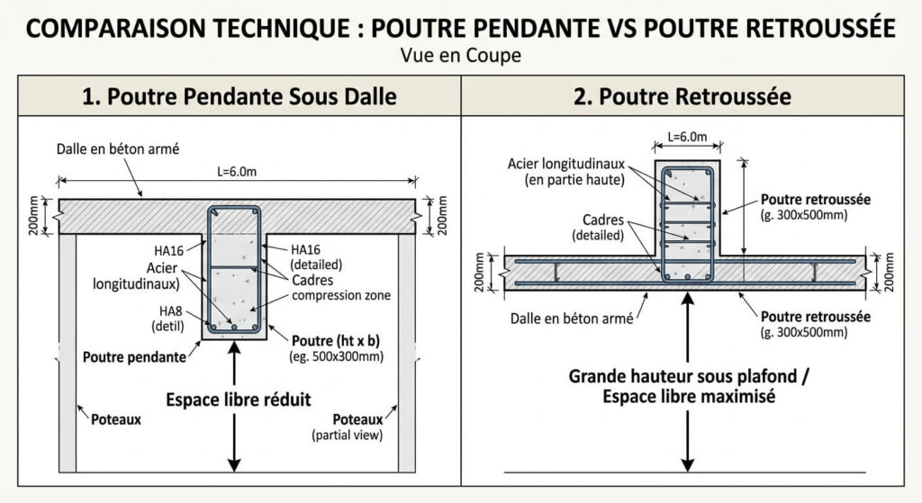 Schéma comparatif entre une poutre pendante sous dalle et une poutre retroussée.