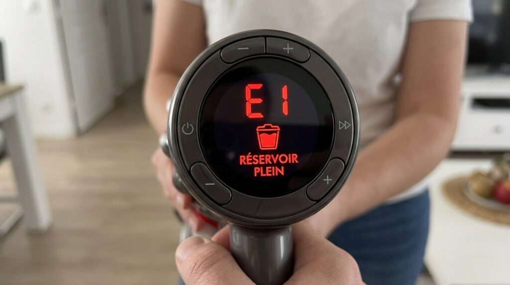 Écran LED d'un aspirateur balai affichant un code d'erreur rouge indiquant un réservoir plein