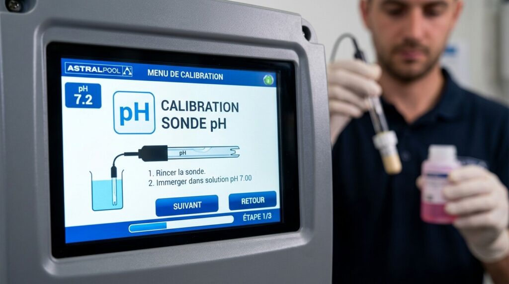 Le guide d'etalonnage d'une sonde ph astralpool pas à pas 3 Écran digital d'un appareil de régulation automatique affichant le menu de calibration de la sonde.