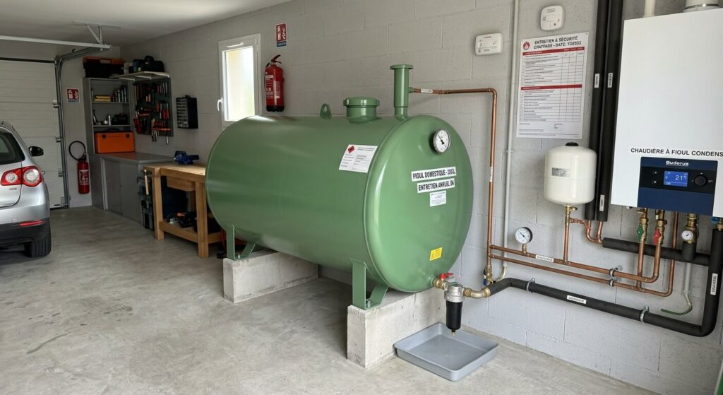 Une cuve à fioul domestique bien entretenue dans un garage, essentielle pour la sécurité et la longévité de la chaudière.