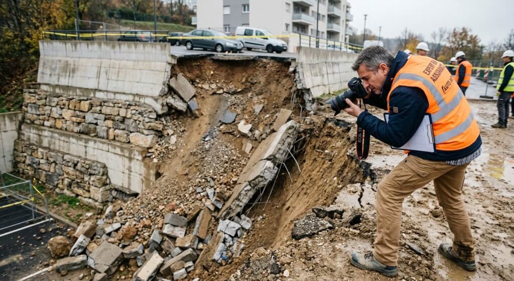 Expert en assurance prenant des photos pour évaluer les dommages suite à l'effondrement d'un mur extérieur