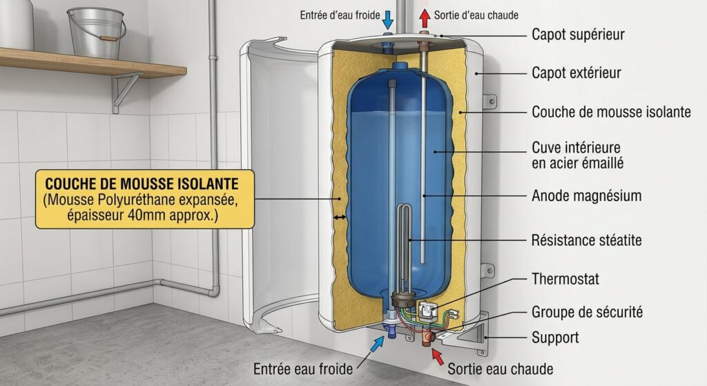 Coupe d'un chauffe-eau montrant la couche de mousse isolante entre la cuve et le capot.