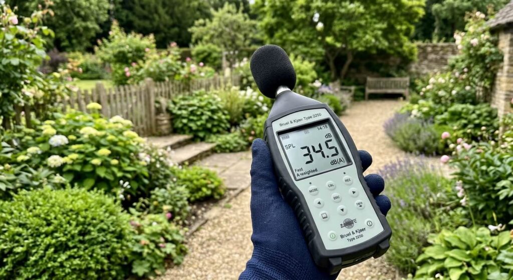 Sonomètre professionnel affichant le niveau de décibels mesuré dans un jardin calme