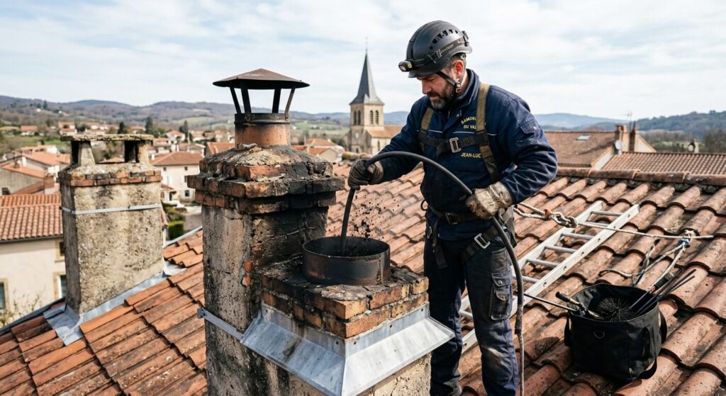 Ramonage d'un conduit d'évacuation de fumées pour dégager le flux d'air.