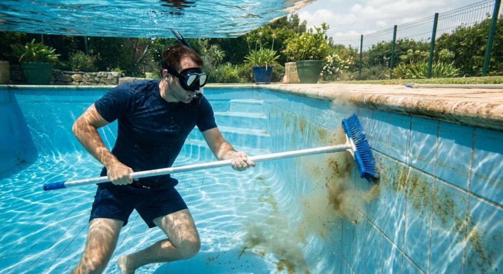 Vers rouges dans la piscine : comment s'en débarrasser définitivement 3 Nettoyage manuel des parois d'une piscine avec un balai brosse pour éliminer les impuretés sédimentaires.