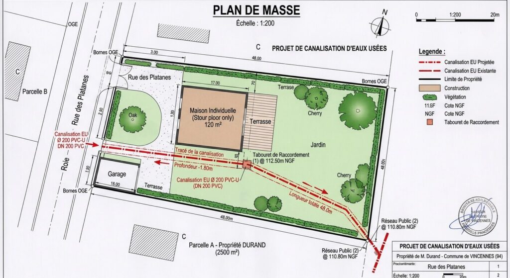 Plan de masse montrant le tracé d'une canalisation traversant un terrain privé.