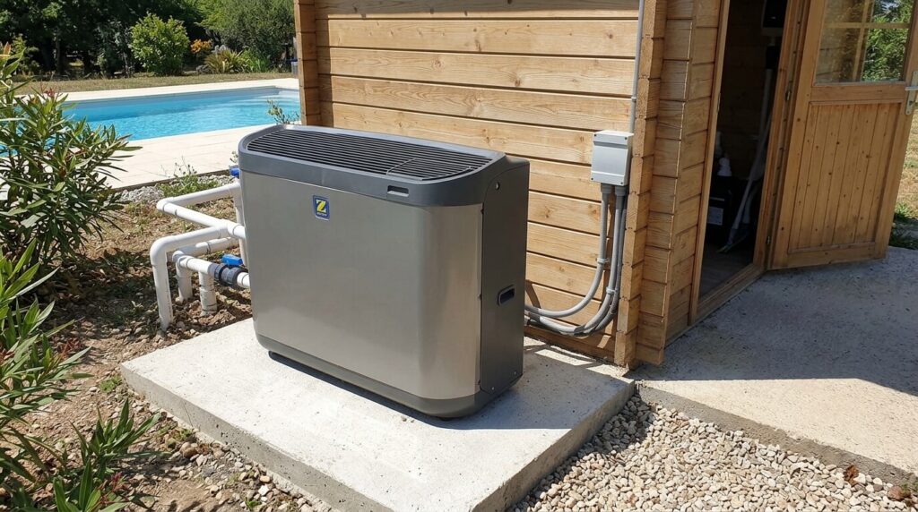 Avis piscines et équipements Zodiac : ce que pensent vraiment les clients 3 Pompe à chaleur de piscine Zodiac installée sur une dalle en béton près du local technique.