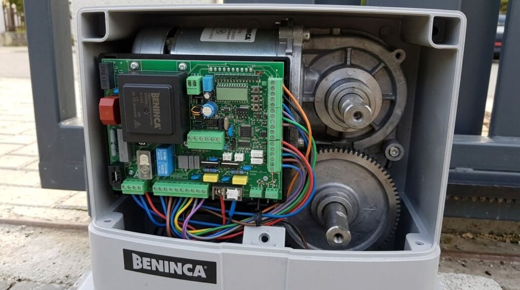 Vue de la carte électronique à l'intérieur d'un bloc moteur de portail Beninca.