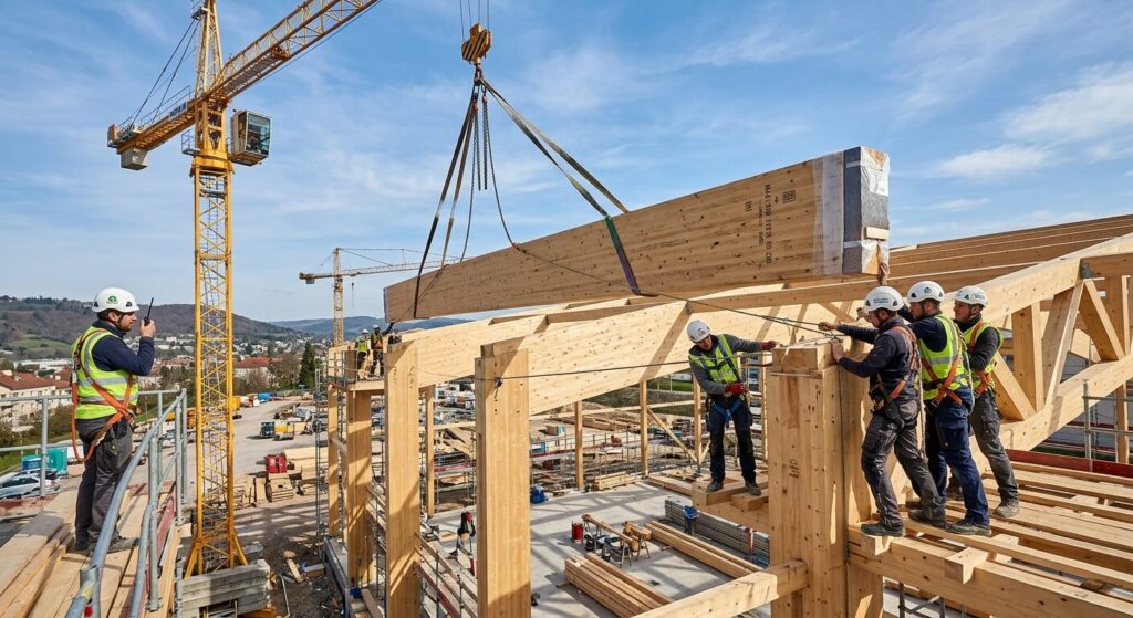 Levage et installation d'une longue poutre en bois lamellé-collé sur un chantier de charpente