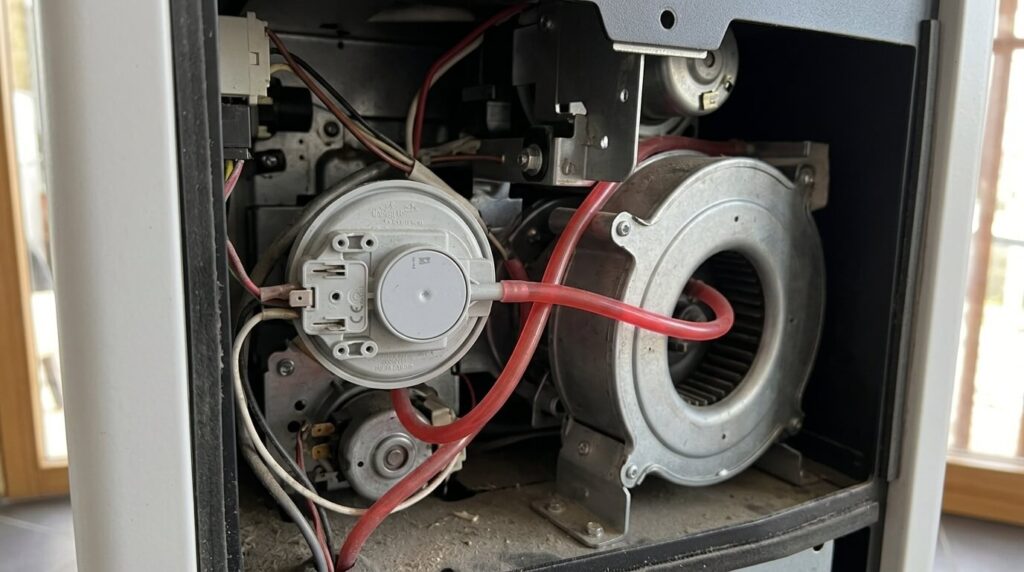 Vue du pressostat de sécurité relié par un tube silicone à l'intérieur d'un poêle Freepoint.
